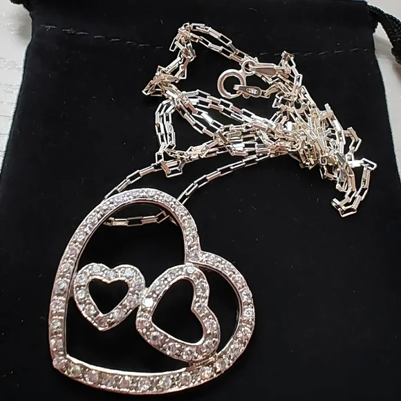 Vintage Sterling Silver Large Triple Heart Pave CZ Pendant with 30" Chain - Picture 12 of 12